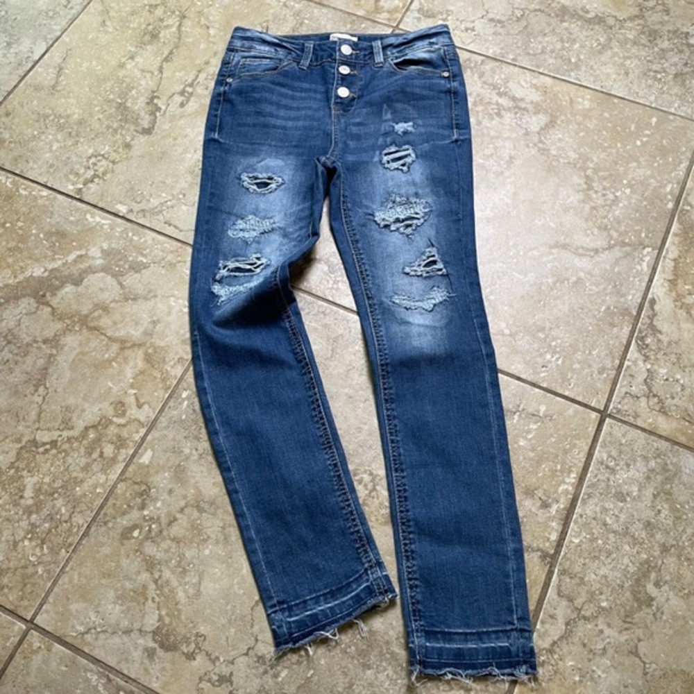 SO‎ Distressed Denim Jeans Women's Frayed Hem Button Fly Dark Wash Blue Size 10
